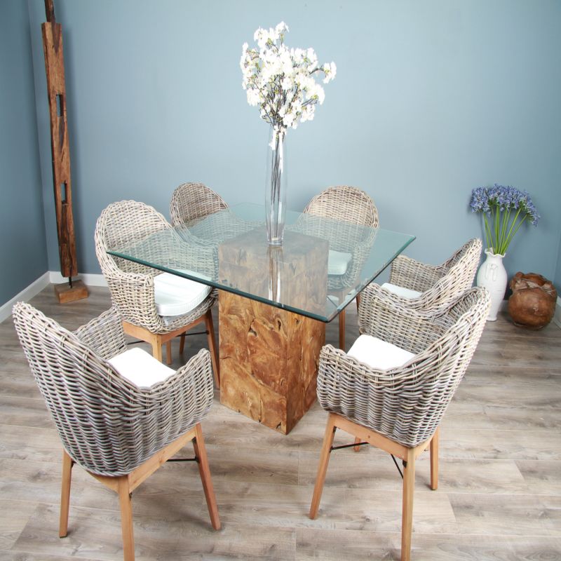 1.4m Reclaimed Teak Root Square Block Dining Table with 6 Scandi Armchairs 