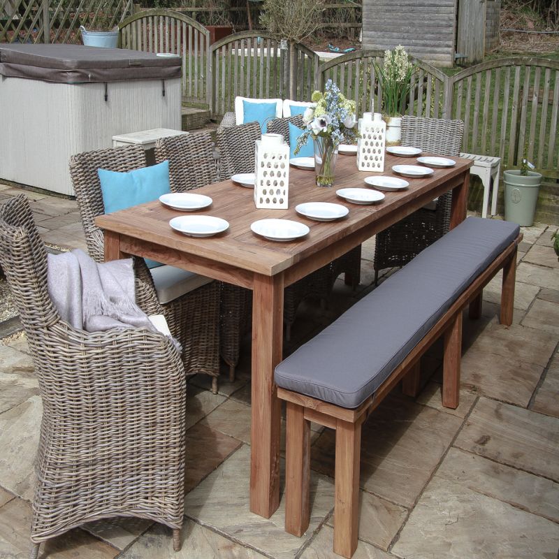 3m Reclaimed Teak Outdoor Open Slatted Table with 1 Backless Bench & 6 Donna Armchairs