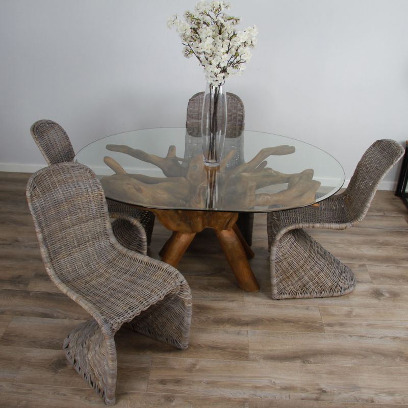 1.5m x 1.2m Reclaimed Teak Root Oval Dining Table with 4 Zorro Chairs