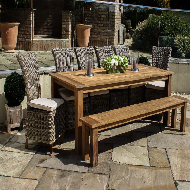 2.4m Reclaimed Teak Outdoor Open Slatted Table with 1 Backless Bench & 6 Latifa Chairs 