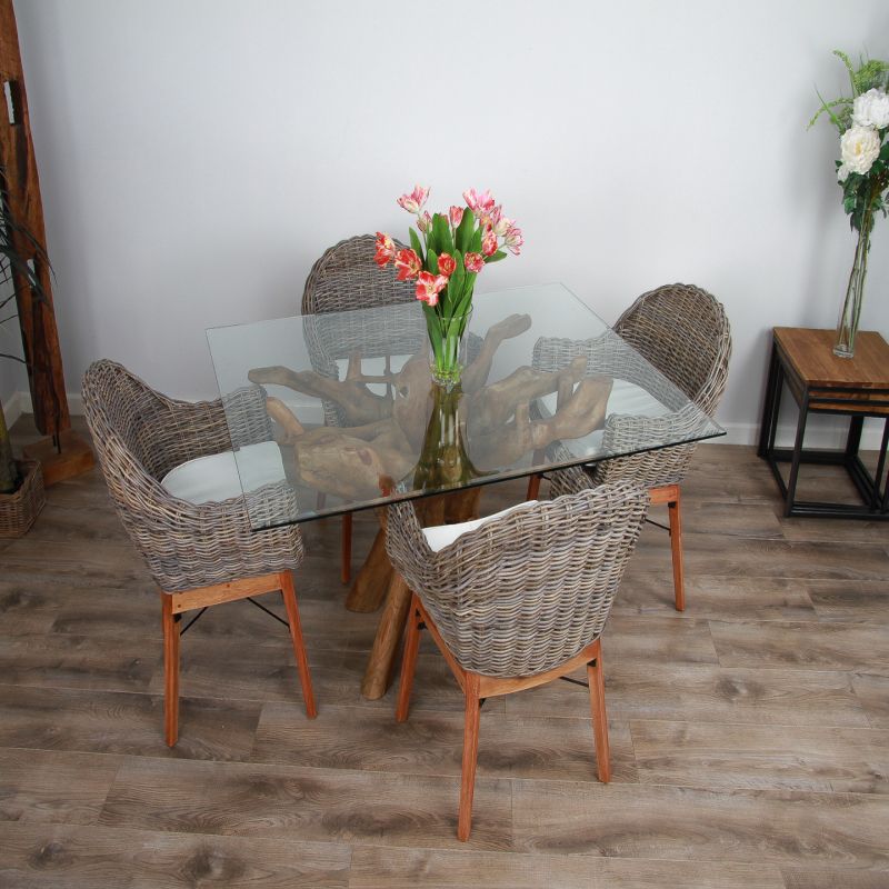 1.5m x 1.2m Reclaimed Teak Root Rectangular Dining Table with 4 Scandi Chairs 