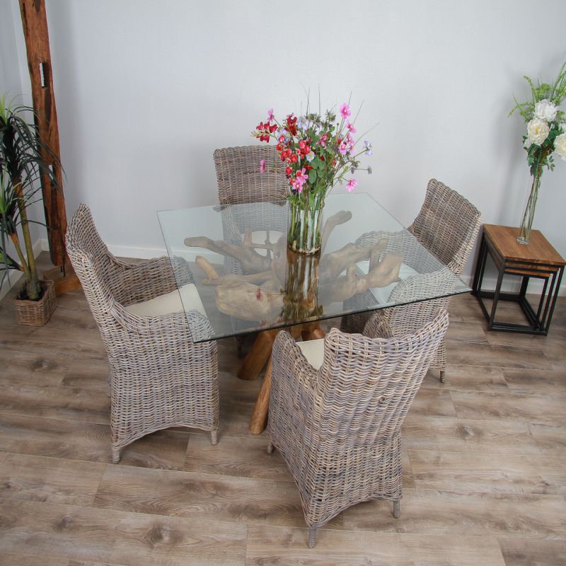 1.5m x 1.2m Reclaimed Teak Root Rectangular Dining Table with 4 Donna Armchairs