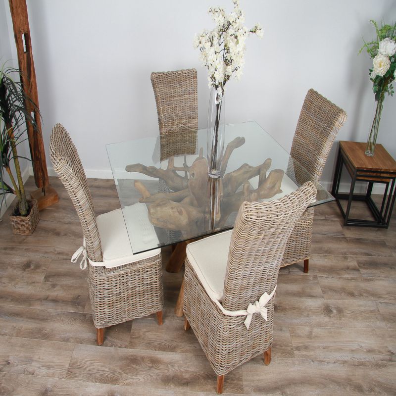 1.5m x 1.2m Reclaimed Teak Root Rectangular Dining Table with 4 Latifa Chairs
