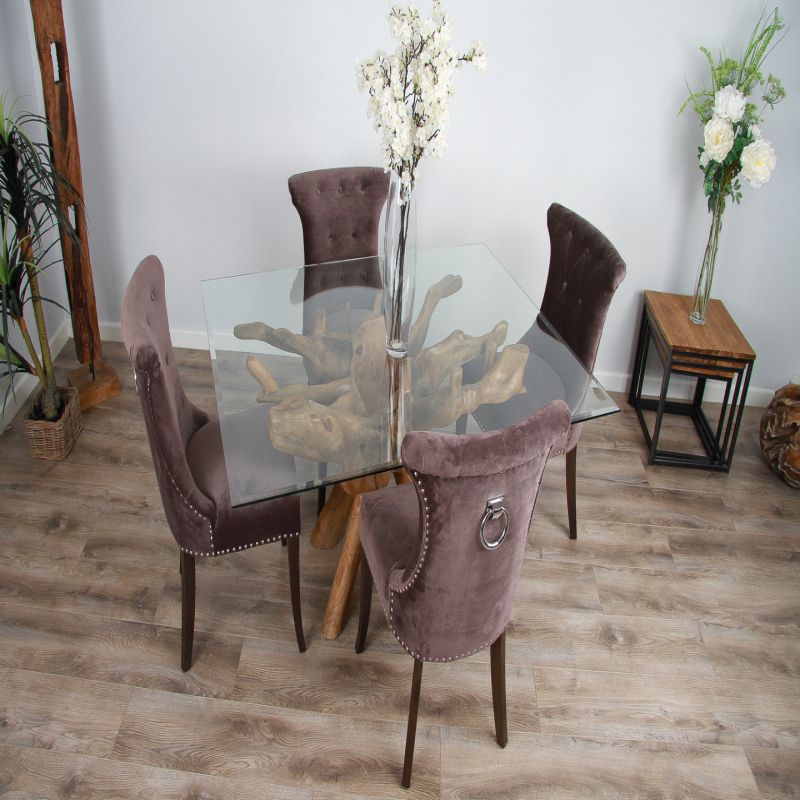 1.5m x 1.2m Reclaimed Teak Root Rectangular Dining Table with 4 Windsor Ring Back Dining Chairs