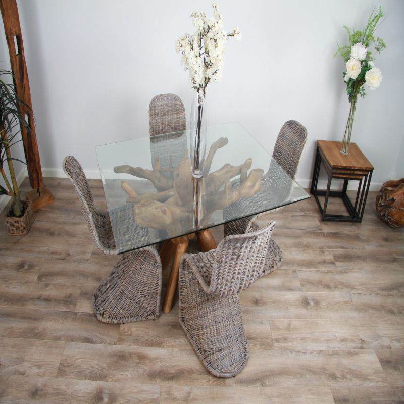 1.5m x 1.2m Reclaimed Teak Root Rectangular Dining Table with 4 Zorro Chairs 