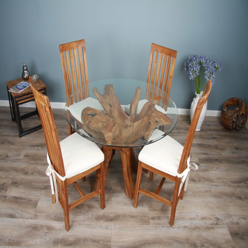 1.2m Reclaimed Teak Root Circular Dining Table with 4 Santos Chairs 