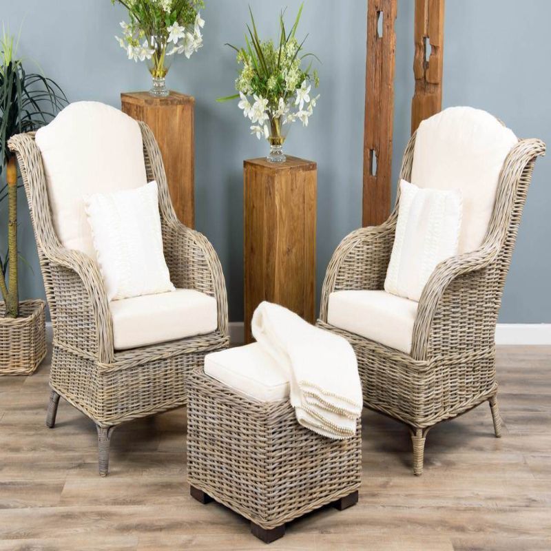 2 Jumo Natural Wicker Armchairs and Footstool Set