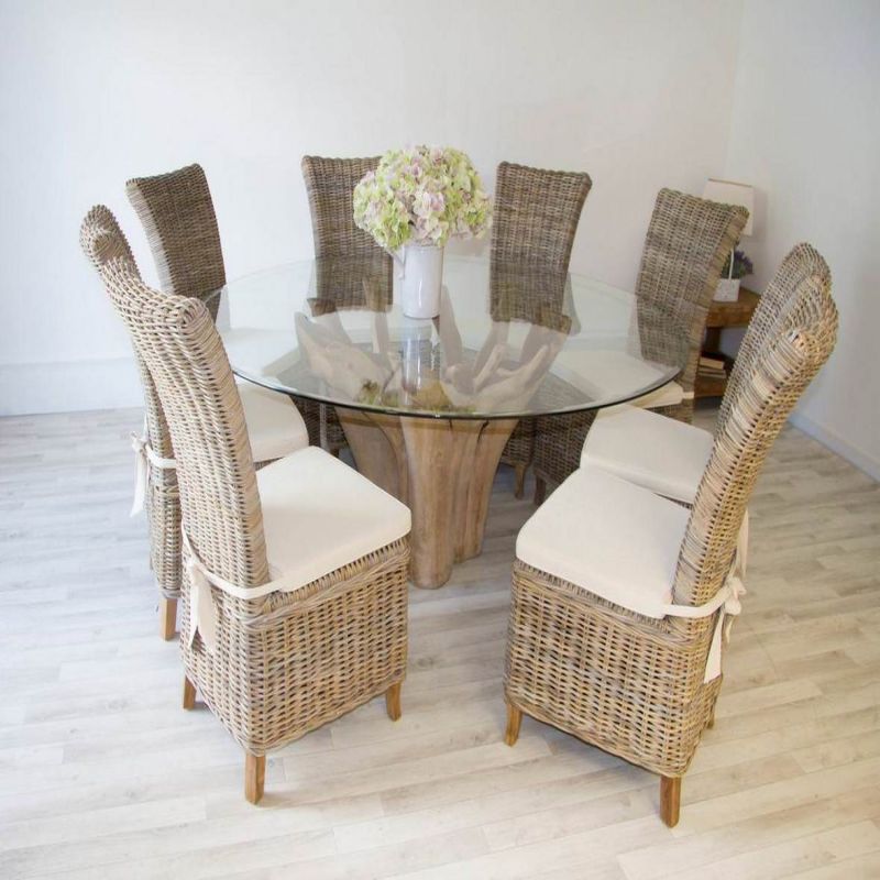 1.8m Reclaimed Teak Root Flute Circular Dining Table with 8 Latifa Chairs