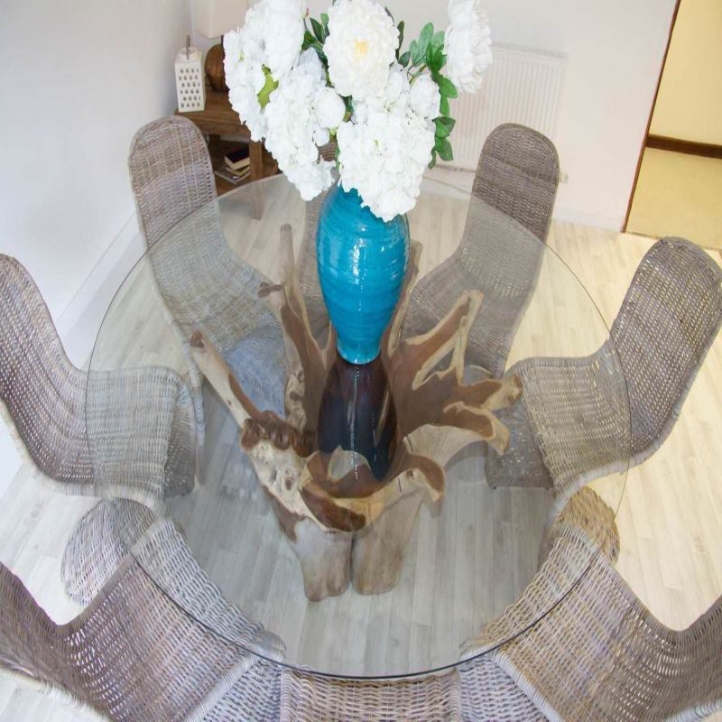 1.8m Reclaimed Teak Root Flute Circular Dining Table with 8 Stackable Zorro Chairs