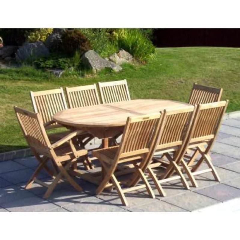 1.9m Teak Oval Pedestal Table with 6 Kiffa Folding Chairs and 2 Armchairs 