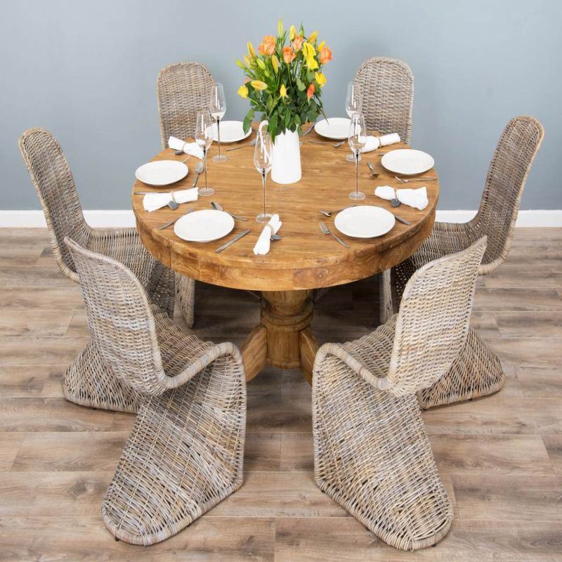 1.5m Reclaimed Teak Circular Pedestal Dining Table with 6 Zorro Chairs