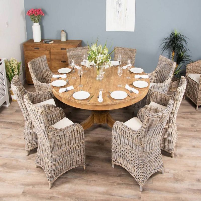 1.8m Reclaimed Teak Circular Pedestal Table with 8 Donna Armchairs