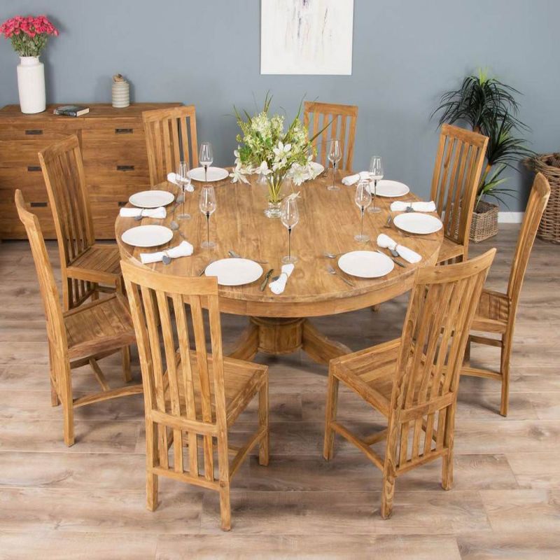 1.8m Reclaimed Teak Circular Pedestal Table with 8 Santos Dining Chairs 