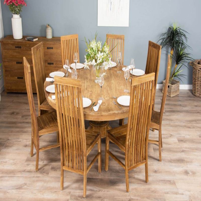 1.8m Reclaimed Teak Circular Pedestal Table with 8 Vikka Dining Chairs