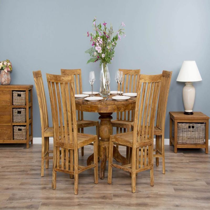 1m Reclaimed Teak Circular Pedestal Dining Table with 6 Santos Dining Chairs