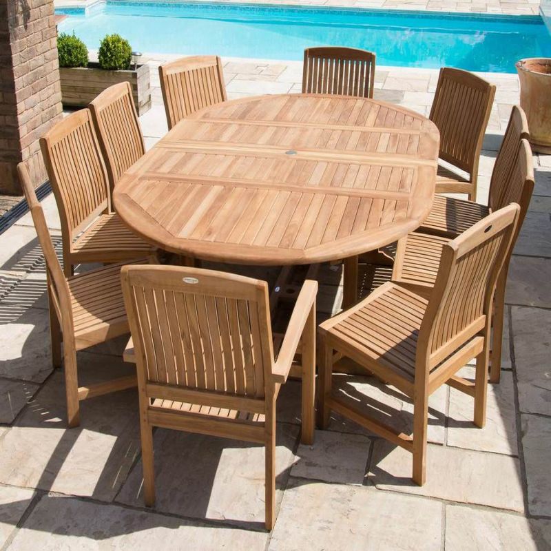 1.5m x 1.5m-2.3m Teak Circular Double Extending Table with 10 Marley Chairs