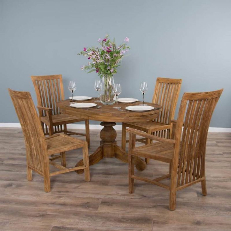 1.2 Reclaimed Teak Oval Pedestal Dining Table with 2 Santos Dining Chairs & 2 Santos Armchairs