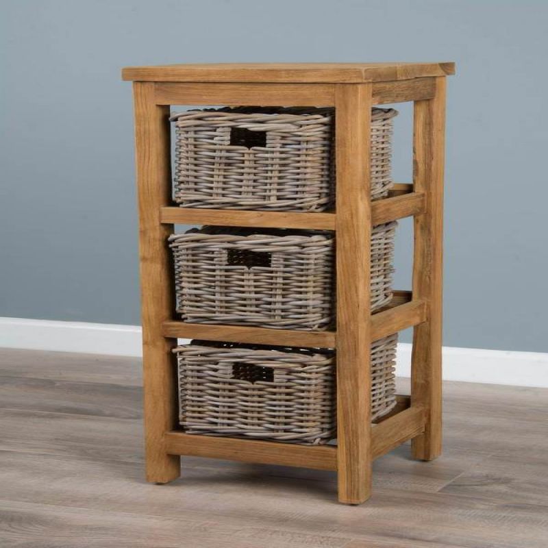 Reclaimed Teak Storage Unit with 3 Natural Wicker Baskets