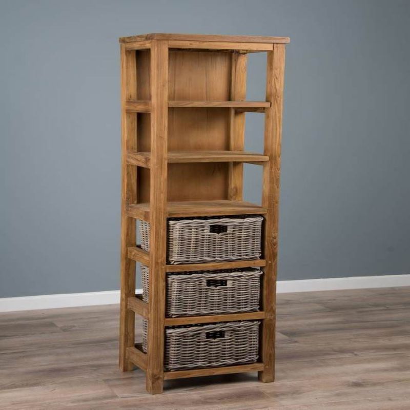 Reclaimed Teak Storage Unit with 3 Shelves plus 3 Natural Wicker Basket