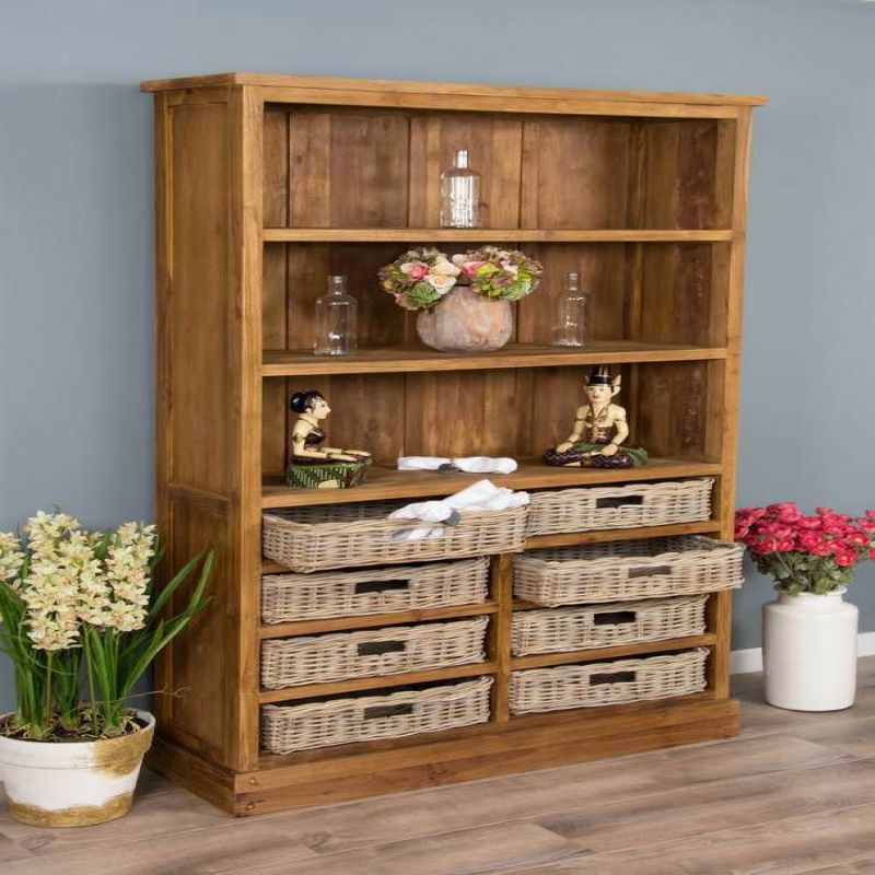 Reclaimed Teak Bookcase with 8 Natural Wicker Baskets