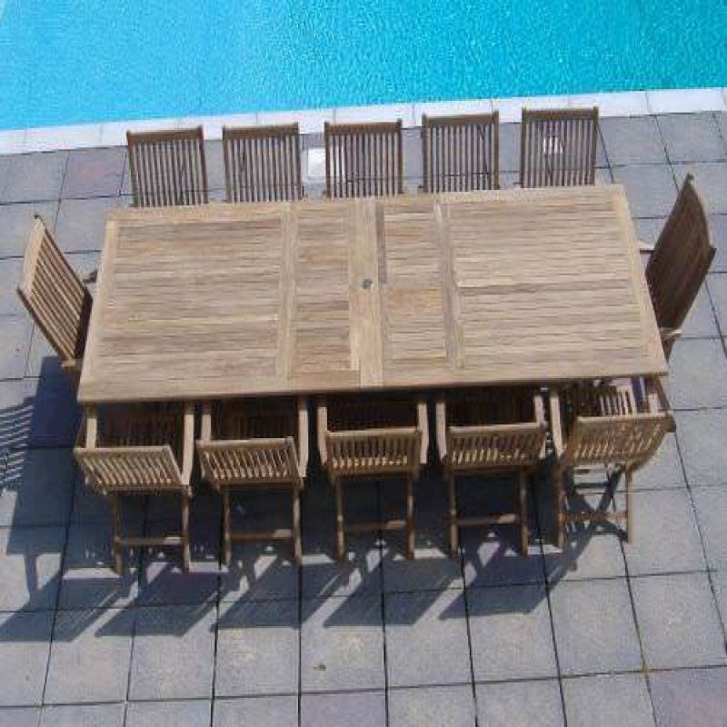 1.2m x 2.4m-3.2m Teak Rectangular Double Extending Table with 10 Kiffa Folding Armchairs and 2 Harrogate Recliners