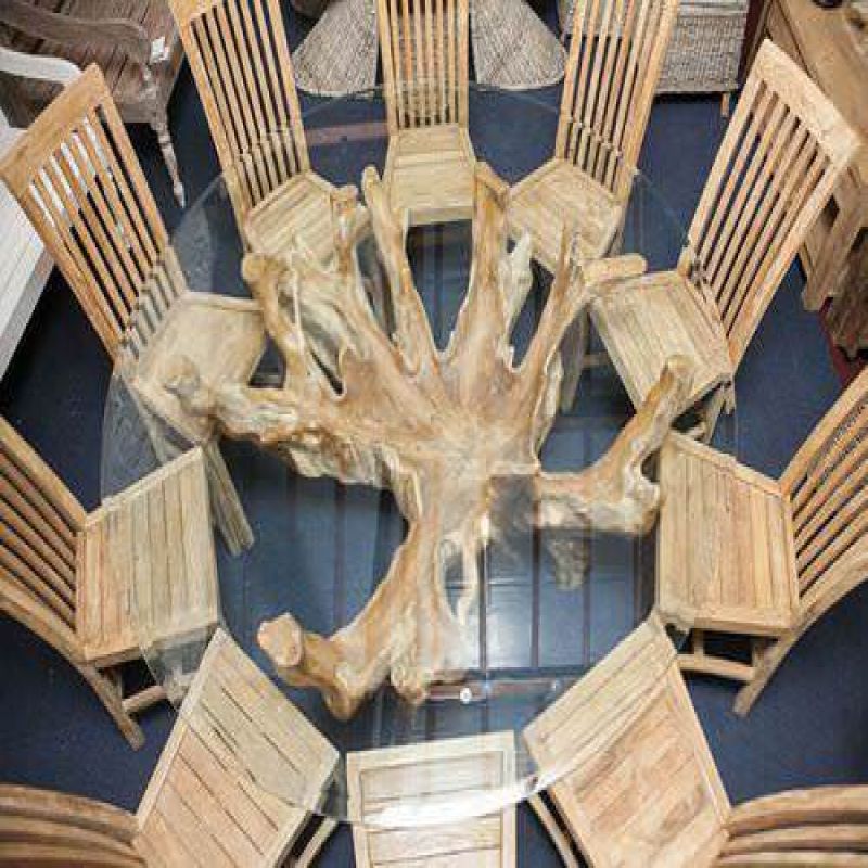 1.8m Reclaimed Teak Root Circular Dining Table with 10 Santos Chairs 