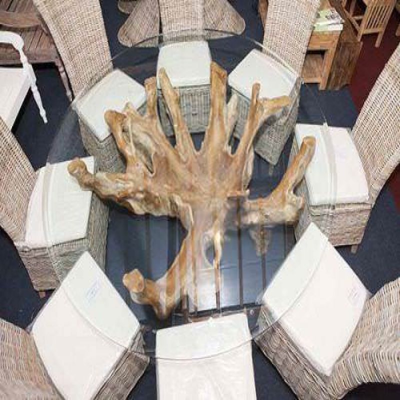 1.8m Reclaimed Teak Root Circular Dining Table with 8 Latifa Dining Chairs