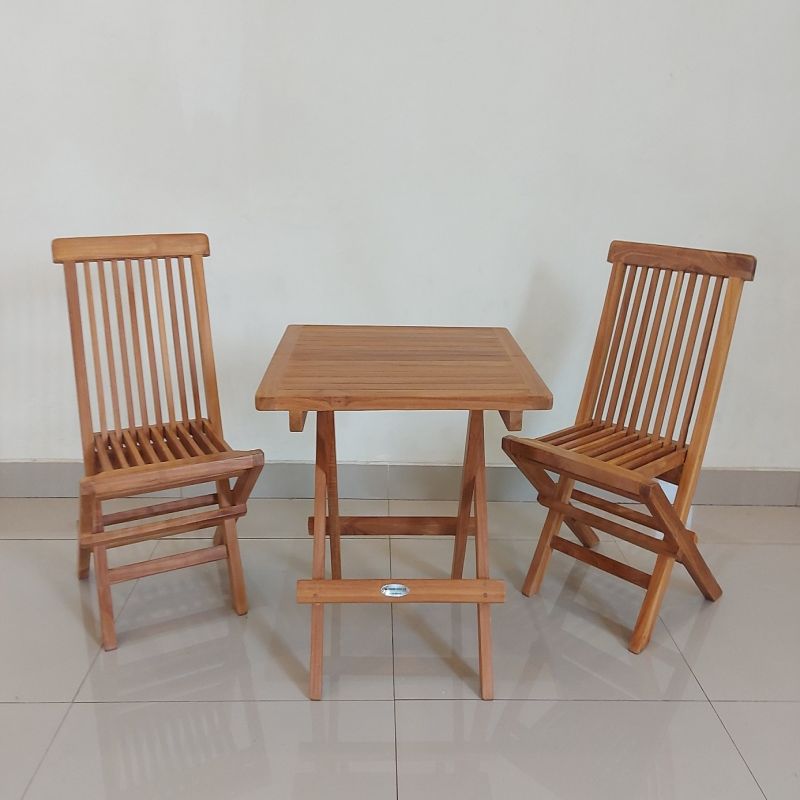 Children's 50cm Teak Square Folding Table with 2 Children's Classic Folding Chairs