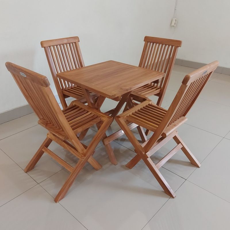 Children's 50cm Teak Square Folding Table with 4 Children's Classic Folding Chairs