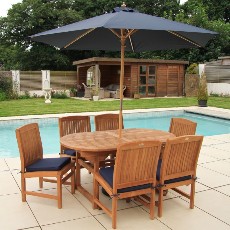 1.6m Teak Oval Pedestal Table with 6 Marley chairs