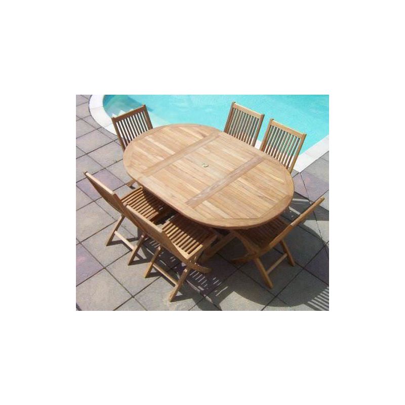 1.2m x 1.2m - 1.8m Teak Circular Extending Table with 6 Kiffa Folding Chairs / Armchairs