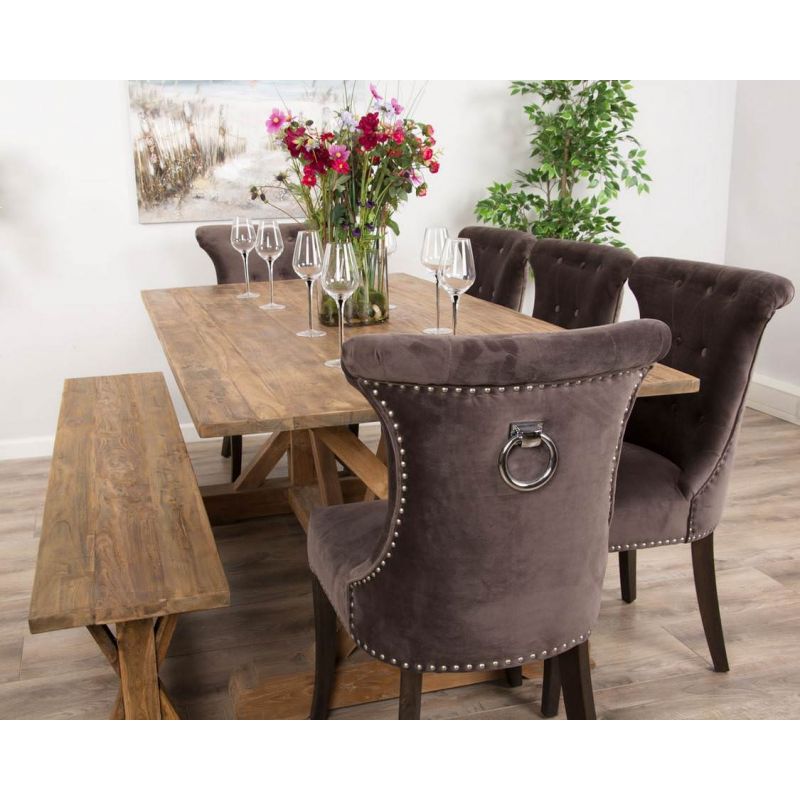 2m Reclaimed Teak Dinklik Dining Table with 1 Backless Bench & 5 Velvet Ring Back Chairs   