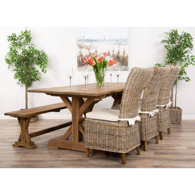 2m Reclaimed Teak Dinklik Dining Table with 1 Backless Bench & 3 Latifa Chairs   