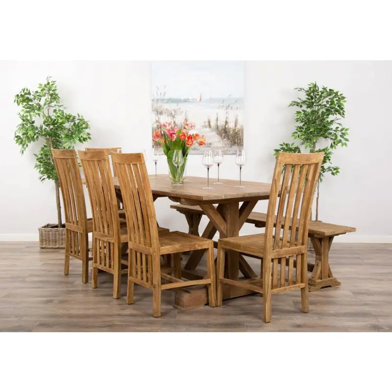 2m Reclaimed Teak Refectory Dining Table with 1 Backless Bench & 5 Santos Chairs   