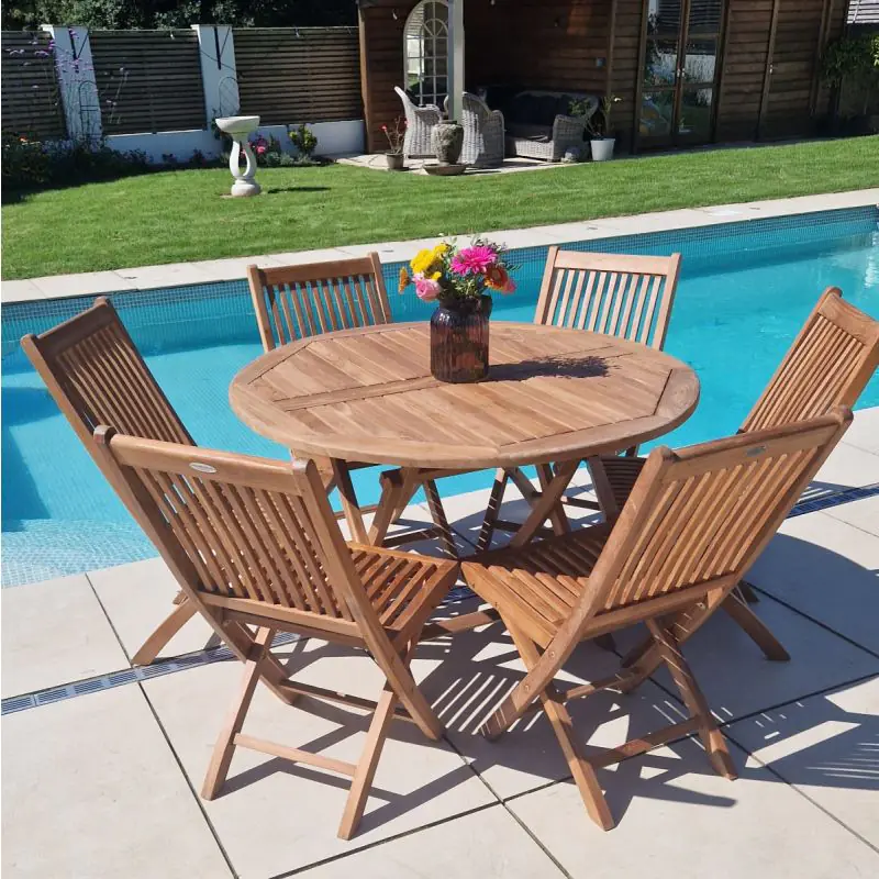 1.2m Teak Circular Folding Table with 6 Kiffa Folding Chairs / Armchairs