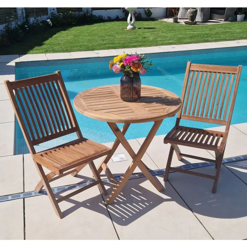 80cm Teak Circular Folding Table with 2 Kiffa Folding Chairs / Armchairs