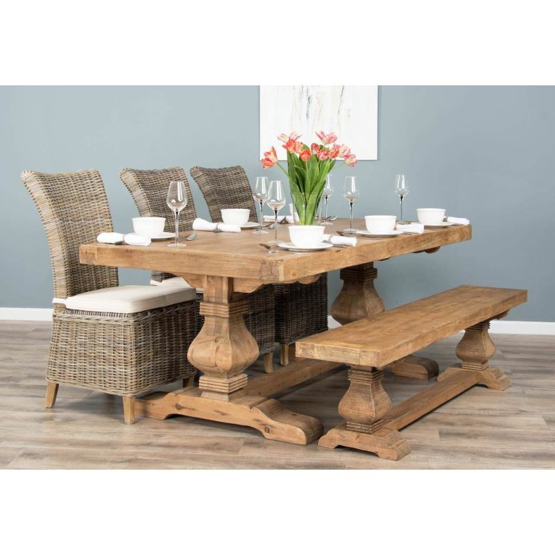 2m Reclaimed Elm Pedestal Dining Table with 3 Latifa Chairs and 1 Backless Bench