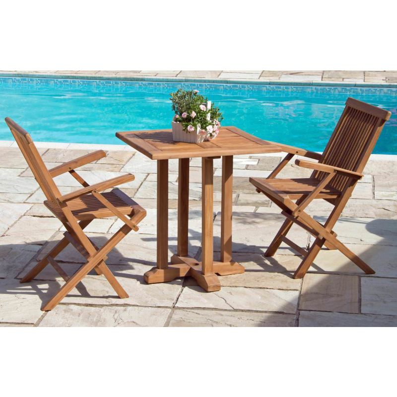 70cm Teak Square Pedestal Table with 2 Classic Folding Chairs