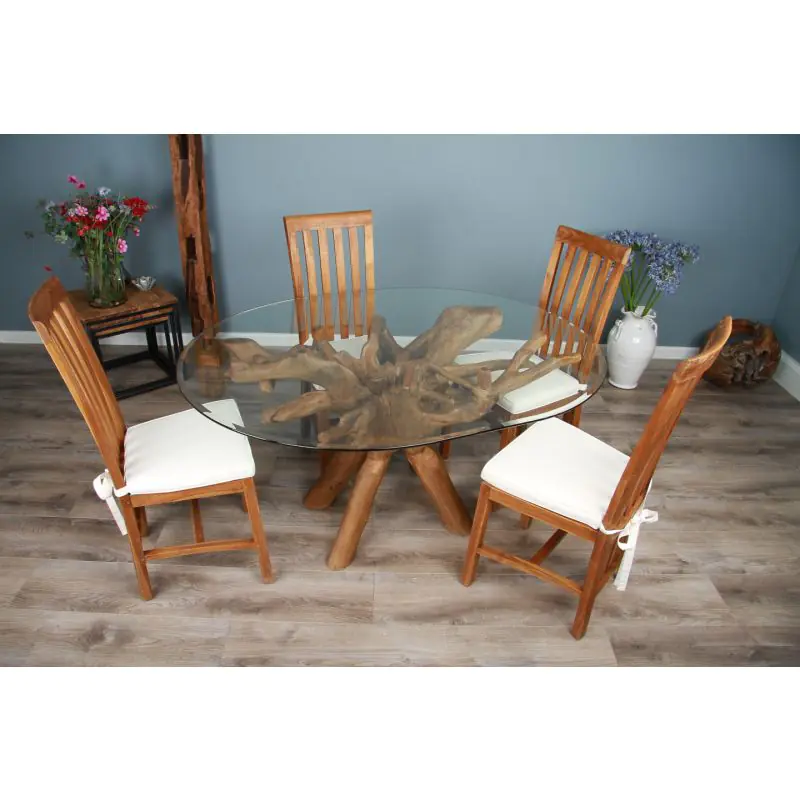 1.5m x 1.2m Reclaimed Teak Root Oval Dining Table with 4 Santos Chairs