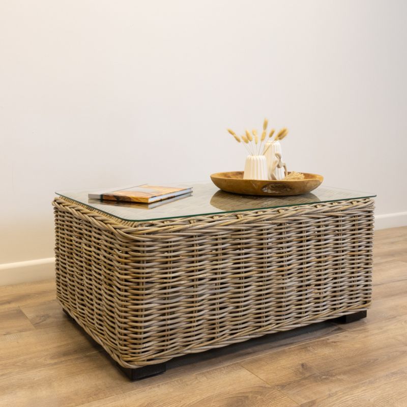 Natural Wicker Glass Topped Coffee Table