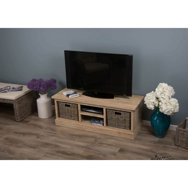 Reclaimed Teak TV Cabinet with Kubu Wicker Draws - White Wash