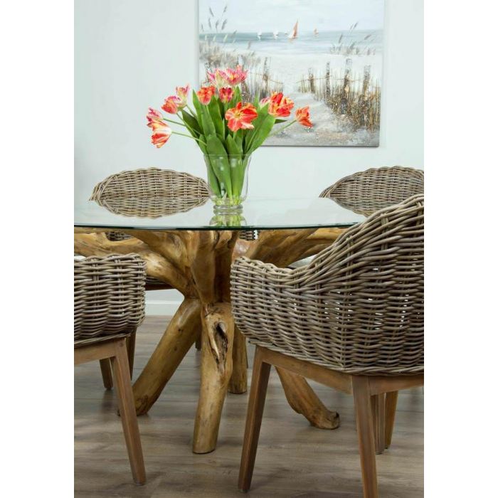 1.5m Reclaimed Teak Root Circular Dining Table with 6 Scandi Armchairs - 4