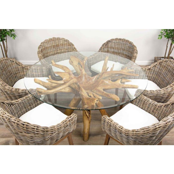 1.5m Reclaimed Teak Root Circular Dining Table with 6 Scandi Armchairs - 5