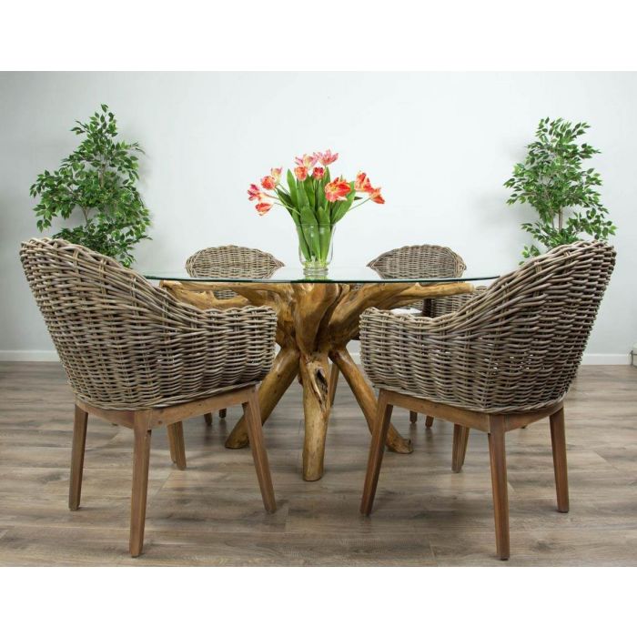 1.5m Reclaimed Teak Root Circular Dining Table with 6 Scandi Armchairs - 2