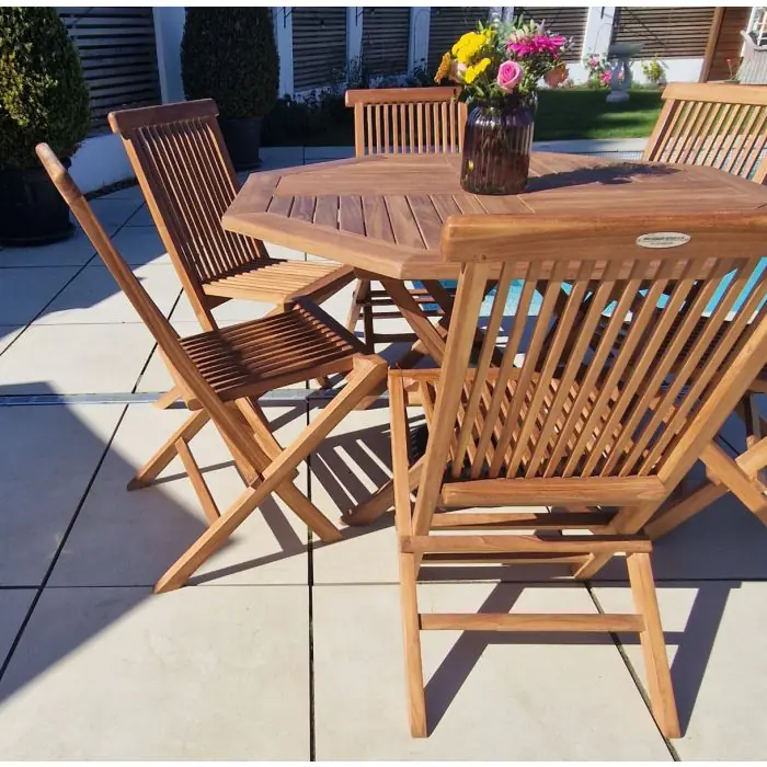 1.2m Teak Octagonal Folding Table with 6 Classic Folding Chairs / Armchairs - 1