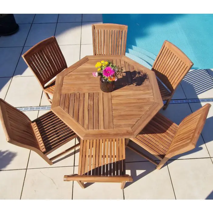 1.2m Teak Octagonal Folding Table with 6 Marley Chairs - 1