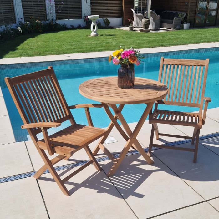 80cm Teak Circular Folding Table with 2 Kiffa Folding Chairs / Armchairs - 2