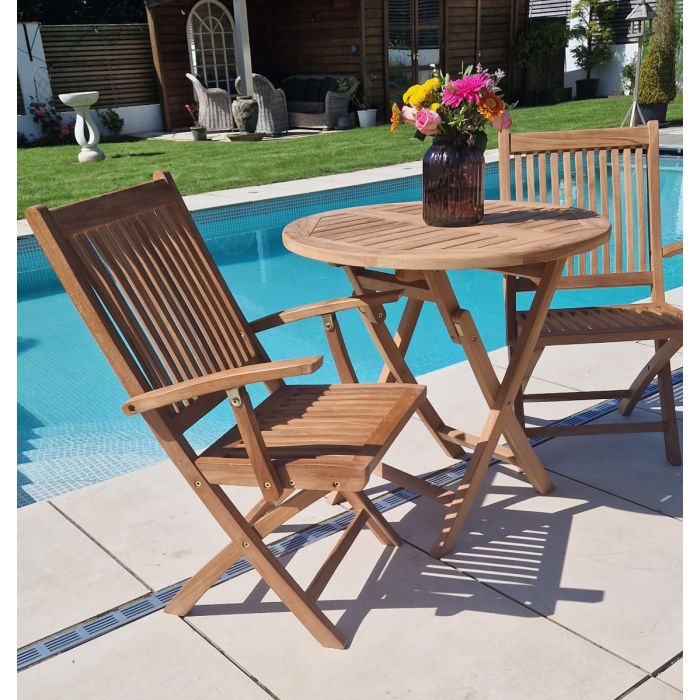 80cm Teak Circular Folding Table with 2 Kiffa Folding Chairs / Armchairs - 3