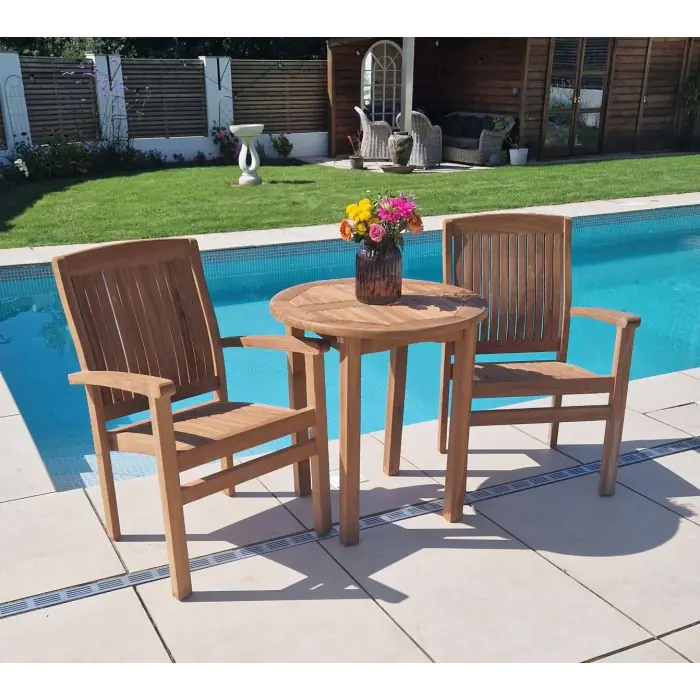 70cm Teak Circular Fixed Table with 2 Marley Chairs / Armchairs - 7