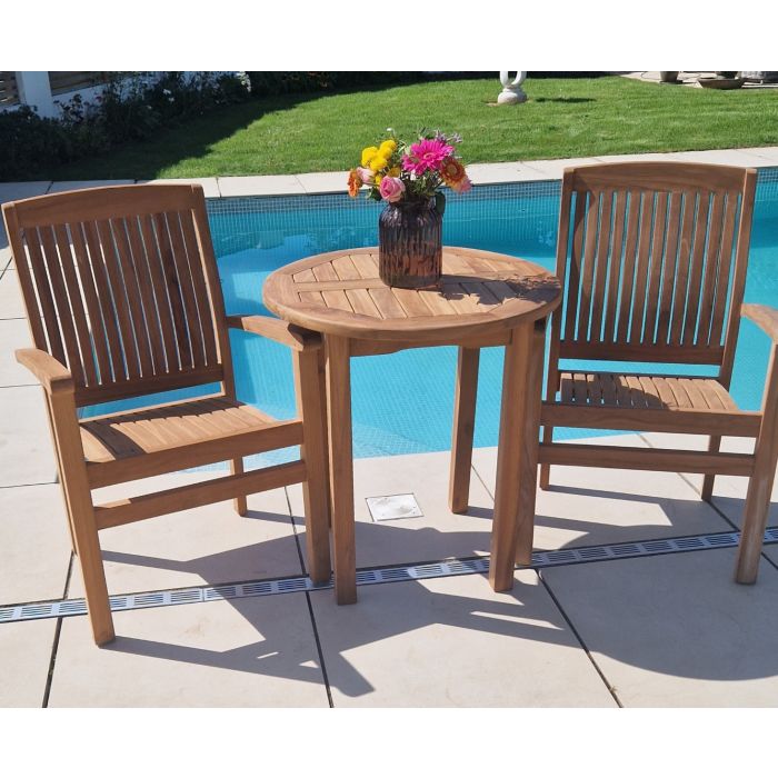 70cm Teak Circular Fixed Table with 2 Marley Chairs / Armchairs - 8